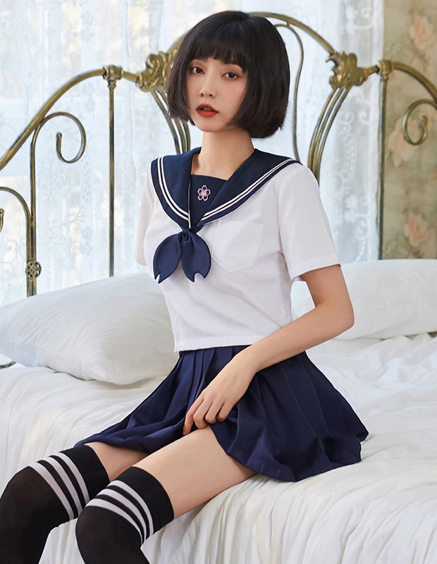 セーラー服 青 青い襟 コスプレ 女子高生制服 萌え萌え 蝶結び 3点セット